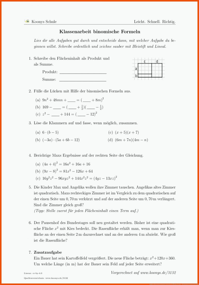 Aufgaben Klassenarbeit binomische Formeln mit LÃ¶sungen | Koonys ... für binomische formeln arbeitsblatt