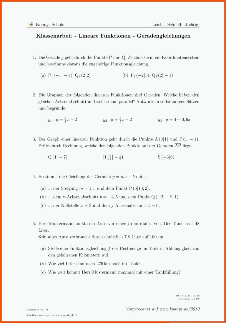 Aufgaben Klassenarbeit - Lineare Funktionen - Geradengleichungen ... für arbeitsblatt lineare funktionen