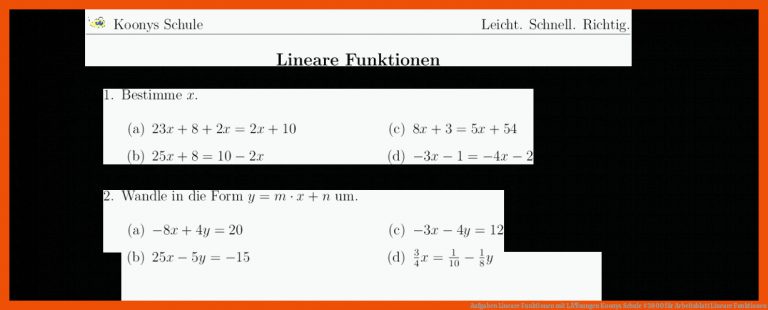 Aufgaben Lineare Funktionen mit LÃ¶sungen | Koonys Schule #3800 für arbeitsblatt lineare funktionen