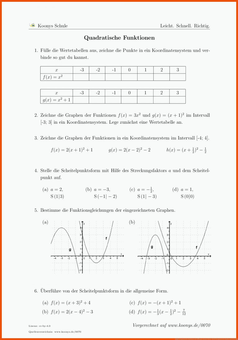 Aufgaben Quadratische Funktionen mit LÃ¶sungen | Koonys Schule #0070 für quadratische ergänzung arbeitsblatt