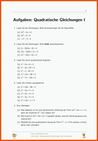 17 Quadratische Gleichungen Arbeitsblatt