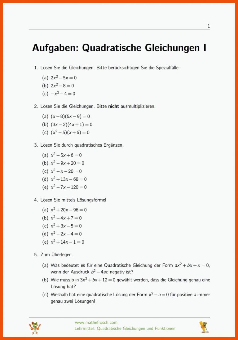 Aufgaben Quadratische Gleichungen I - Mathematik lernen für quadratische gleichungen arbeitsblatt