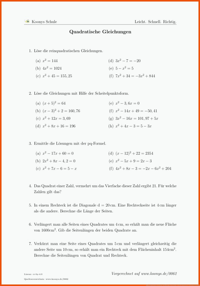 Aufgaben Quadratische Gleichungen mit LÃ¶sungen | Koonys Schule #0062 für quadratische gleichungen arbeitsblatt