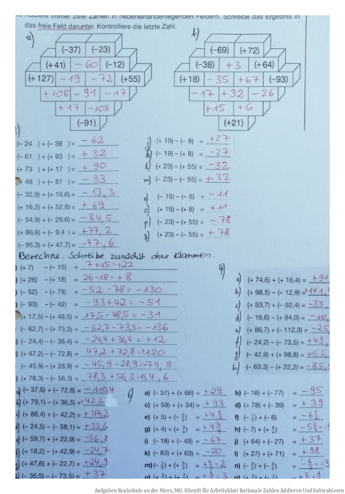 Aufgaben Realschule an der Niers, MG-Rheydt für Arbeitsblatt Rationale Zahlen Addieren Und Subtrahieren
