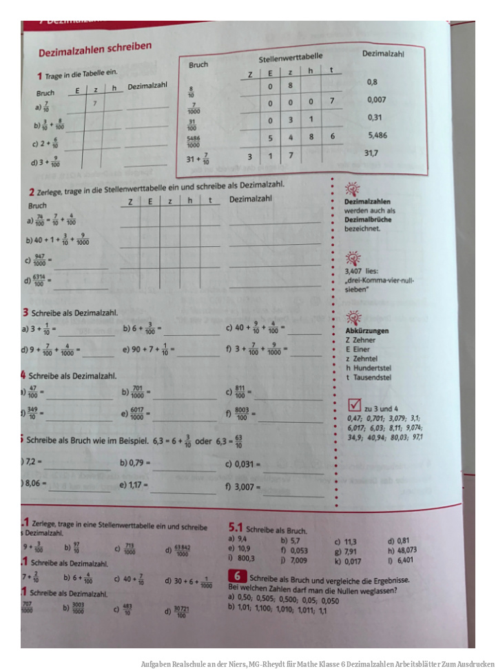 Aufgaben Realschule an der Niers, MG-Rheydt für Mathe Klasse 6 Dezimalzahlen Arbeitsblätter Zum Ausdrucken