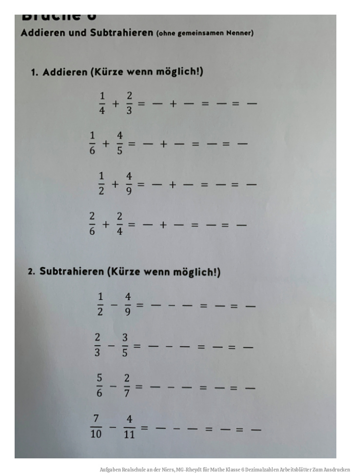 Aufgaben Realschule an der Niers, MG-Rheydt für Mathe Klasse 6 Dezimalzahlen Arbeitsblätter Zum Ausdrucken