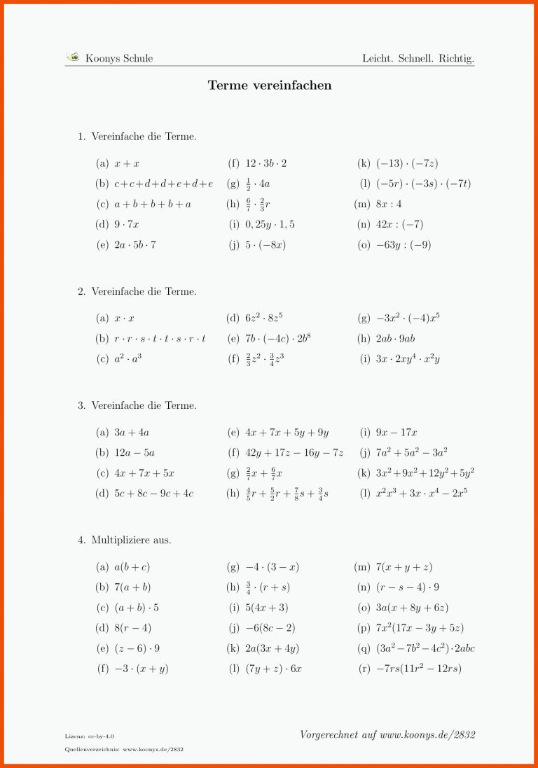 Aufgaben Terme vereinfachen mit LÃ¶sungen | Koonys Schule #2832 für terme berechnen arbeitsblatt
