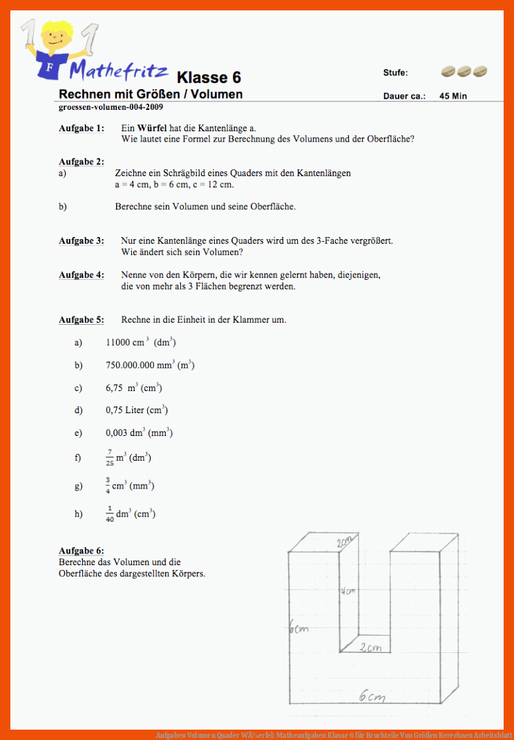 Aufgaben Volumen Quader WÃ¼erfel: Matheaufgaben Klasse 6 für bruchteile von größen berechnen arbeitsblatt