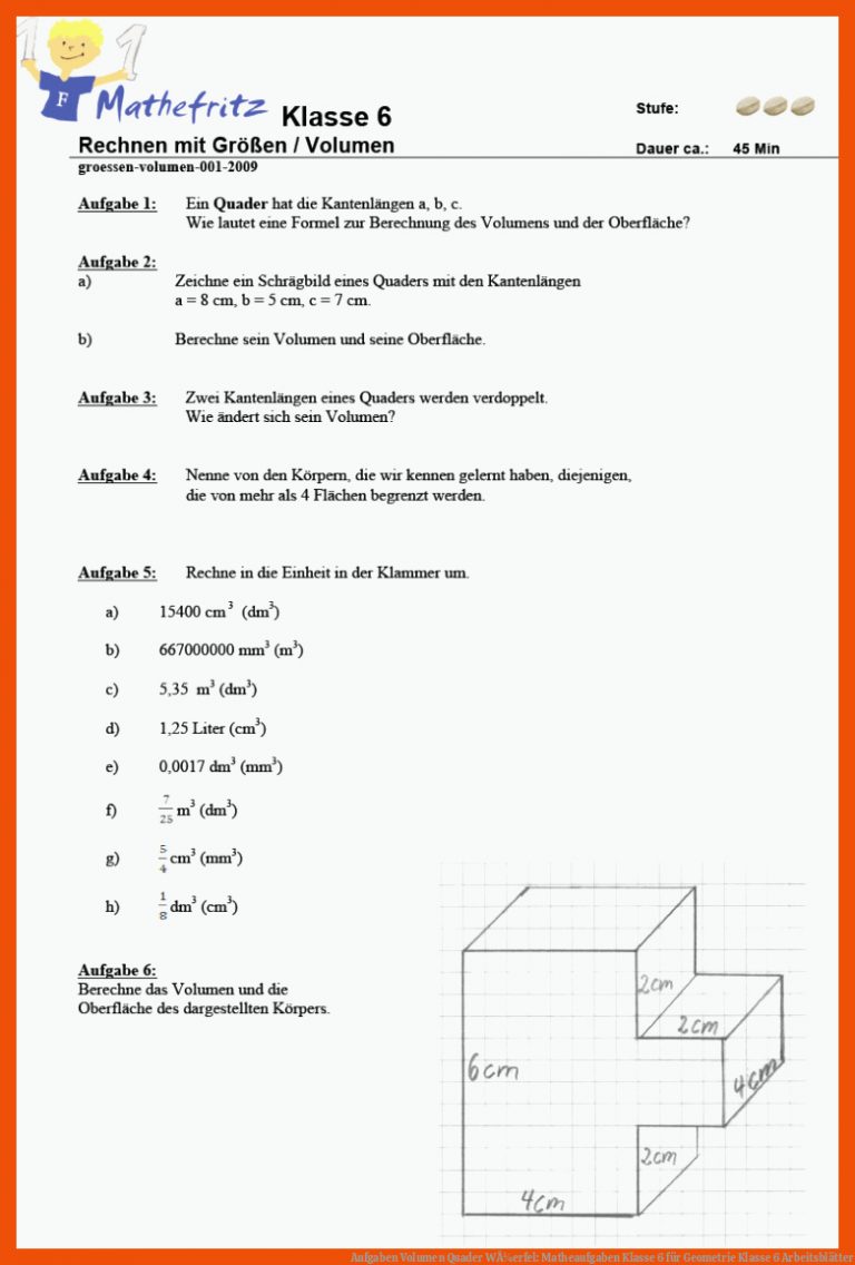 Aufgaben Volumen Quader WÃ¼erfel: Matheaufgaben Klasse 6 für geometrie klasse 6 arbeitsblätter