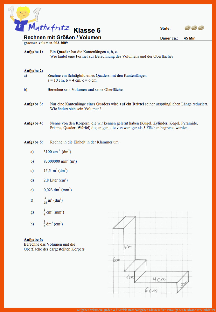 Aufgaben Volumen Quader WÃ¼erfel: Matheaufgaben Klasse 6 für textaufgaben 6. klasse arbeitsblätter