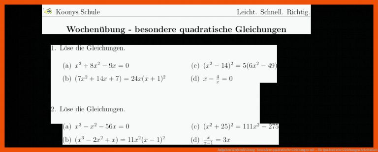 Aufgaben WochenÃ¼bung - besondere quadratische Gleichungen mit ... für quadratische gleichungen arbeitsblatt