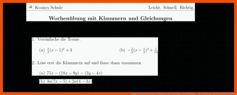 Aufgaben WochenÃ¼bung mit Klammern und Gleichungen mit LÃ¶sungen ... für gleichungen mit klammern arbeitsblatt