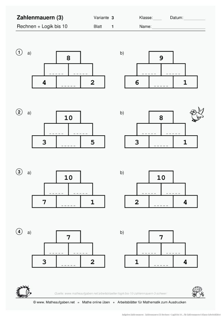 Aufgaben Zahlenmauern - Zahlenmauern (3) Rechnen + Logik bis 10 ... für Zahlenmauern 4 Klasse Arbeitsblätter