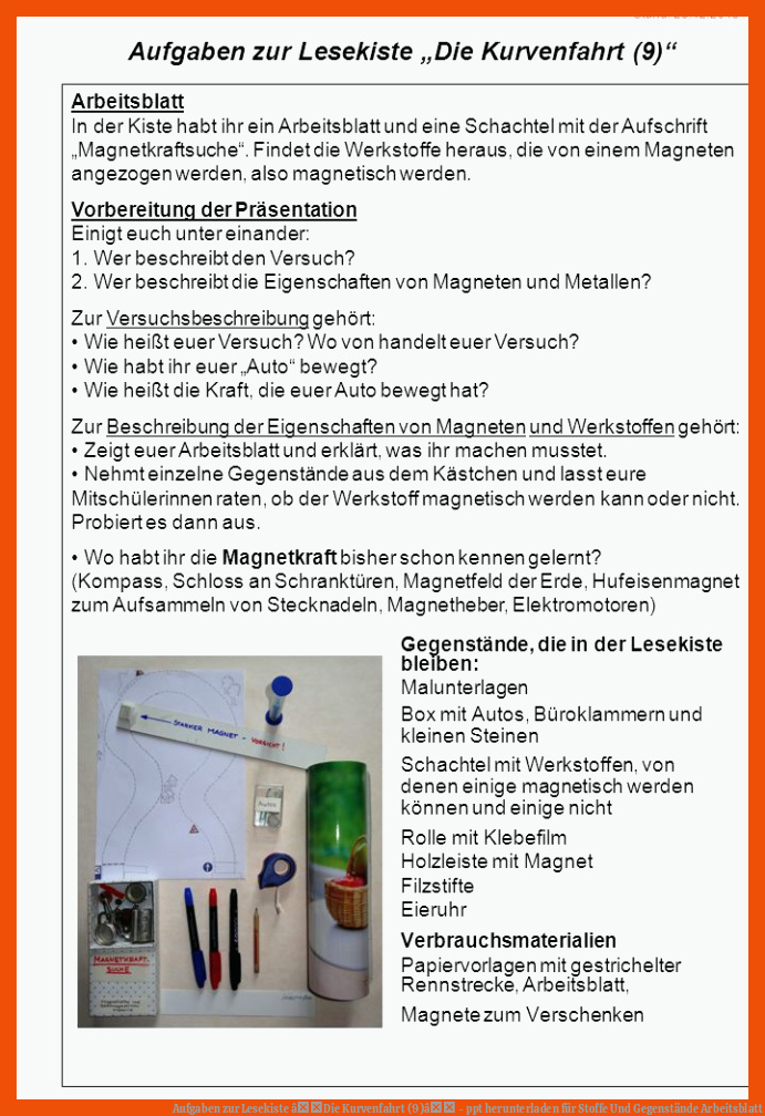 Aufgaben zur Lesekiste âDie Kurvenfahrt (9)â - ppt herunterladen für stoffe und gegenstände arbeitsblatt