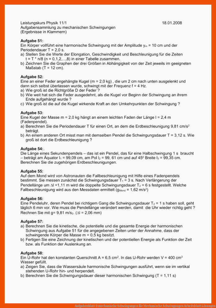 Aufgabenblatt 9 mechanische Schwingungen für mechanische schwingungen arbeitsblatt lösungen