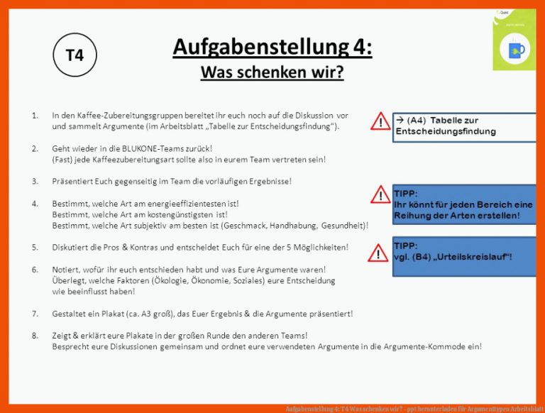 Aufgabenstellung 4: T4 Was schenken wir? - ppt herunterladen für argumenttypen arbeitsblatt