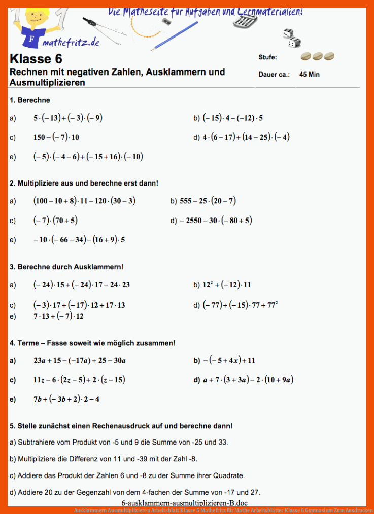 Ausklammern Ausmultiplizieren Arbeitsblatt Klasse 5|Mathefritz für mathe arbeitsblätter klasse 6 gymnasium zum ausdrucken