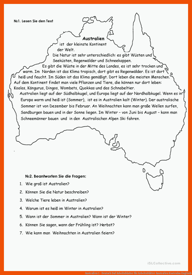 Australien 1 - Deutsch Daf Arbeitsblatter Fuer Arbeitsblätter Australien Kostenlos Englisch
