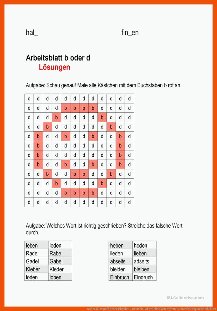 B oder d - visuell unterscheiden - Deutsch Daf Arbeitsblatter für bd verwechslung arbeitsblätter