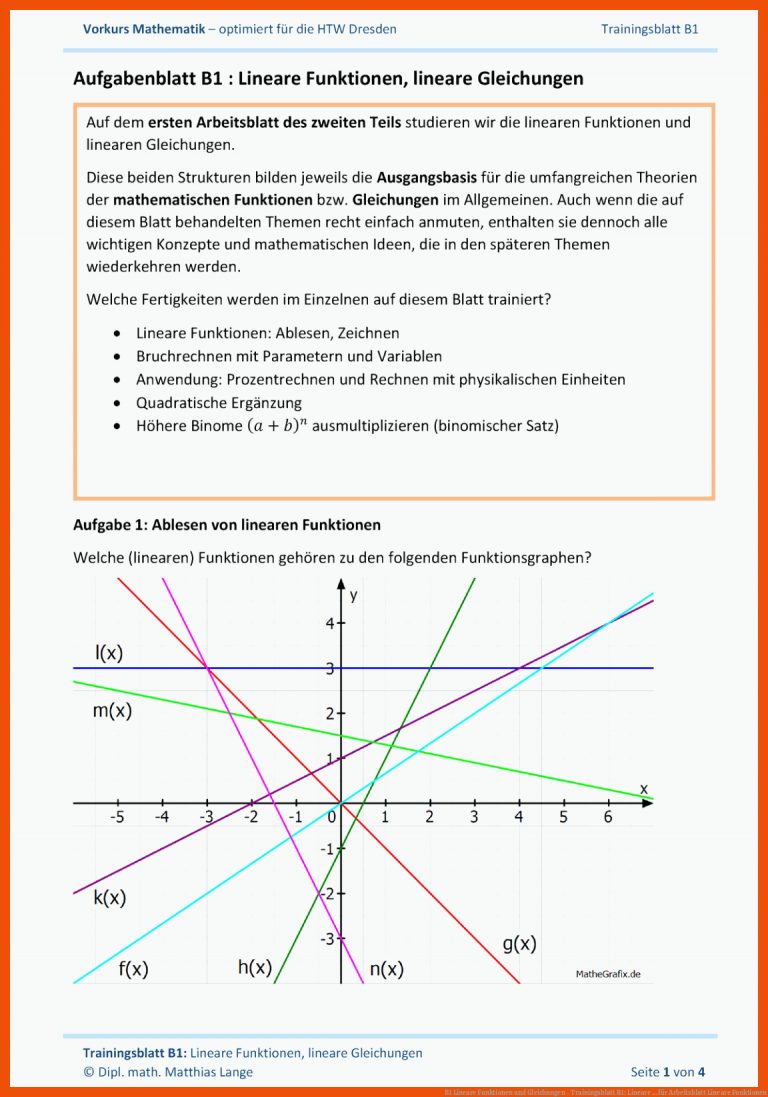 B1 Lineare Funktionen und Gleichungen - Trainingsblatt B1: Lineare ... für arbeitsblatt lineare funktionen