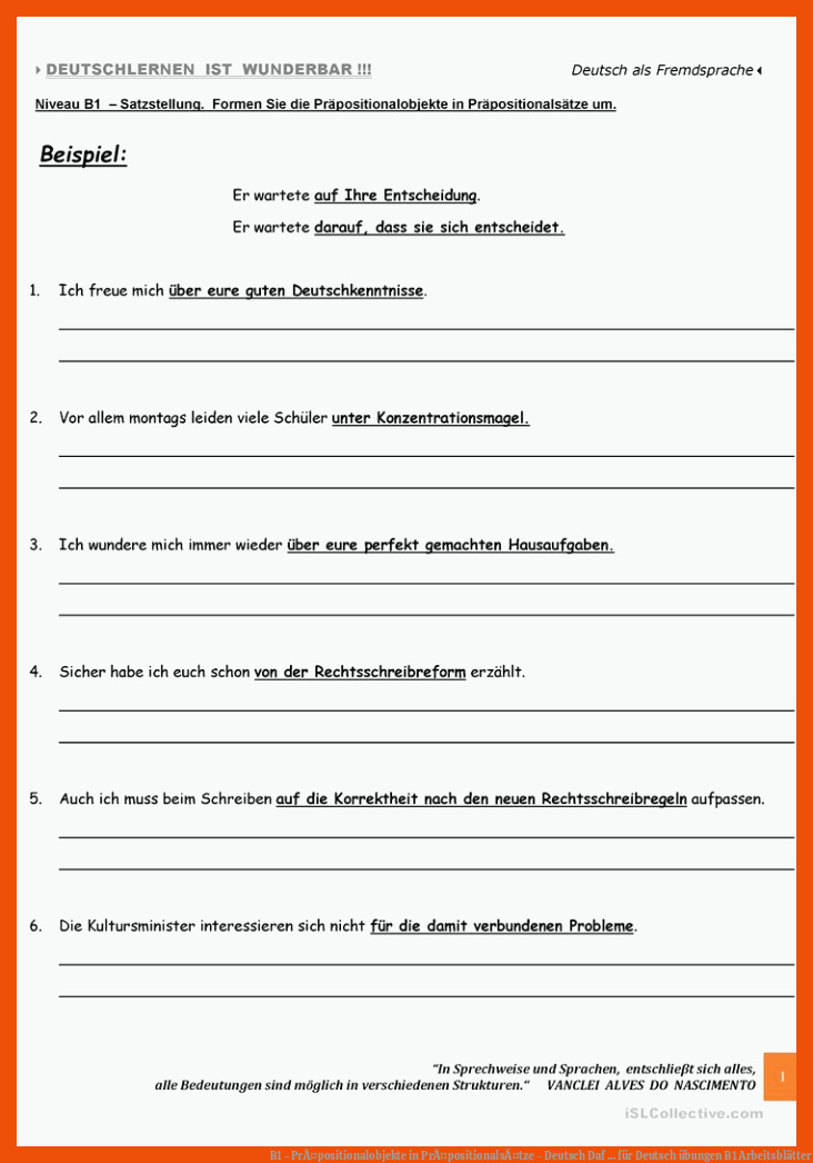 B1 - PrÃ¤positionalobjekte in PrÃ¤positionalsÃ¤tze - Deutsch Daf ... für deutsch übungen b1 arbeitsblätter