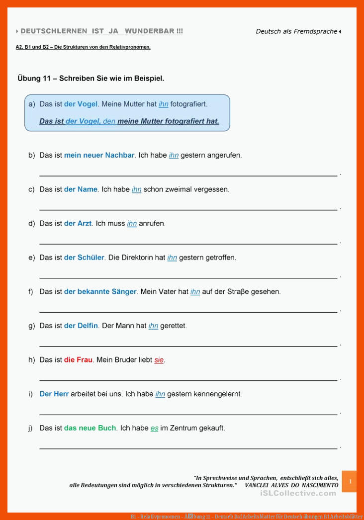 B1 - Relativpronomen - Ãbung 11 - Deutsch Daf Arbeitsblatter für deutsch übungen b1 arbeitsblätter