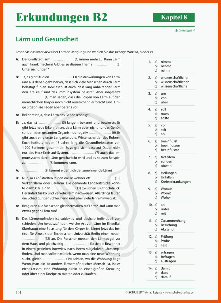 B2 Sprachbausteine Teil1 LÃ¤rm u Gesundh - 104 Â© SCHUBERT-Verlag ... für erkundungen b2 arbeitsblätter lösungen