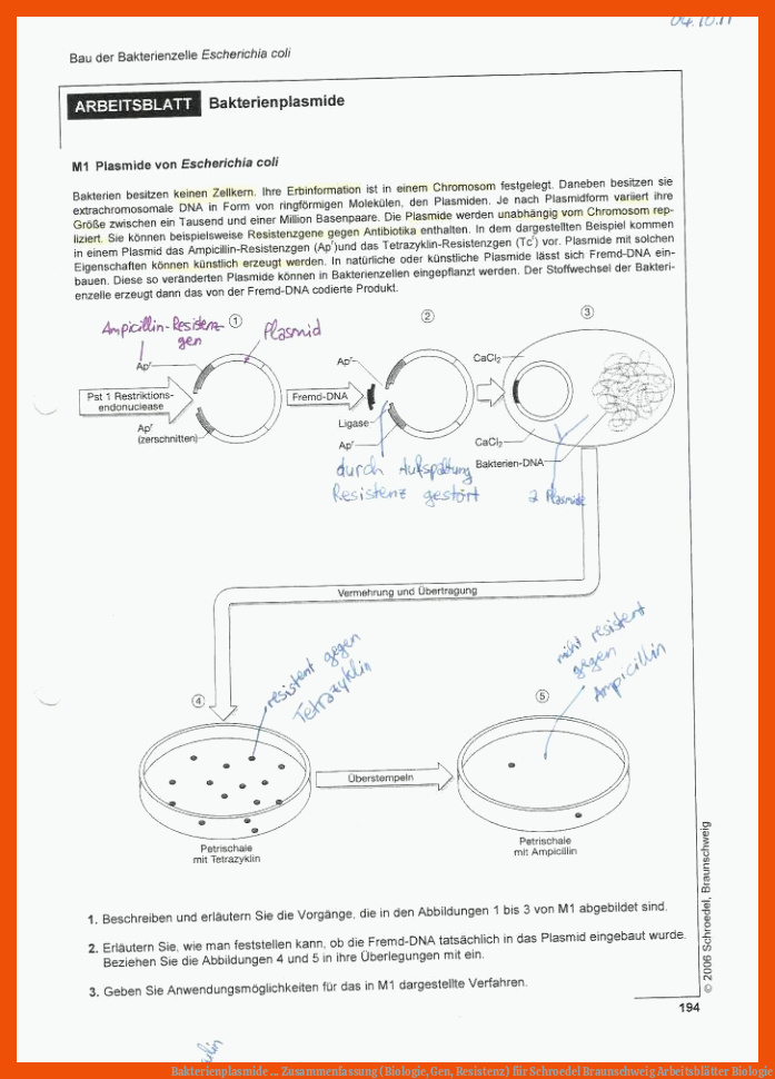 Bakterienplasmide ... Zusammenfassung (Biologie, Gen, Resistenz) für schroedel braunschweig arbeitsblätter biologie