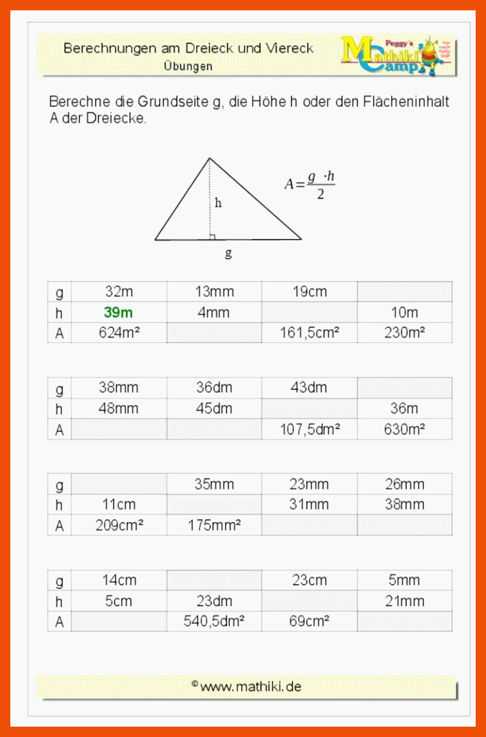 Berechnungen am Dreieck (Klasse 7/8) - Lade Dir das Arbeitsblatt ... für arbeitsblatt flächeninhalt dreieck