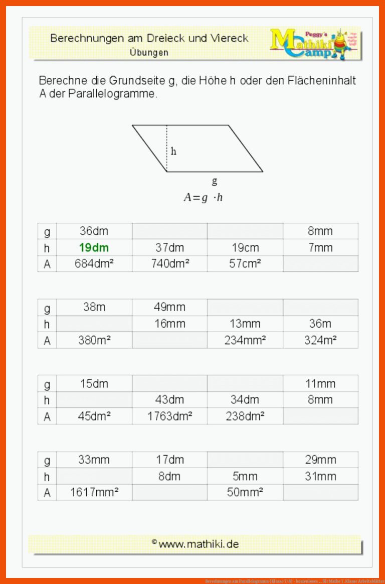 Berechnungen am Parallelogramm (Klasse 7/8) - kostenloses ... für mathe 7. klasse arbeitsblätter