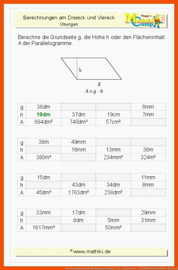 Berechnungen am Parallelogramm (Klasse 7/8) - kostenloses ... für mathe arbeitsblätter klasse 8