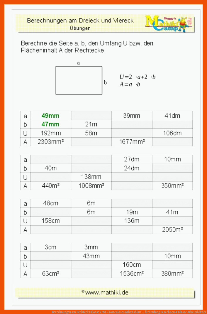 Berechnungen am Rechteck (Klasse 7/8) - kostenloses Arbeitsblatt ... für umfang berechnen 4 klasse arbeitsblätter
