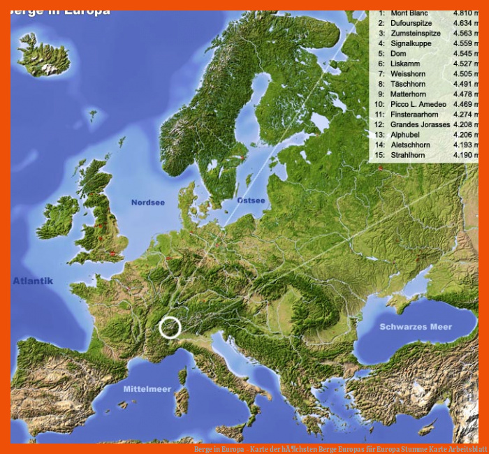 Berge in Europa - Karte der hÃ¶chsten Berge Europas für europa stumme karte arbeitsblatt