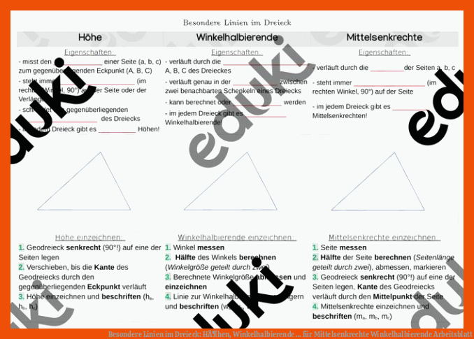 Besondere Linien im Dreieck: HÃ¶hen, Winkelhalbierende ... für mittelsenkrechte winkelhalbierende arbeitsblatt