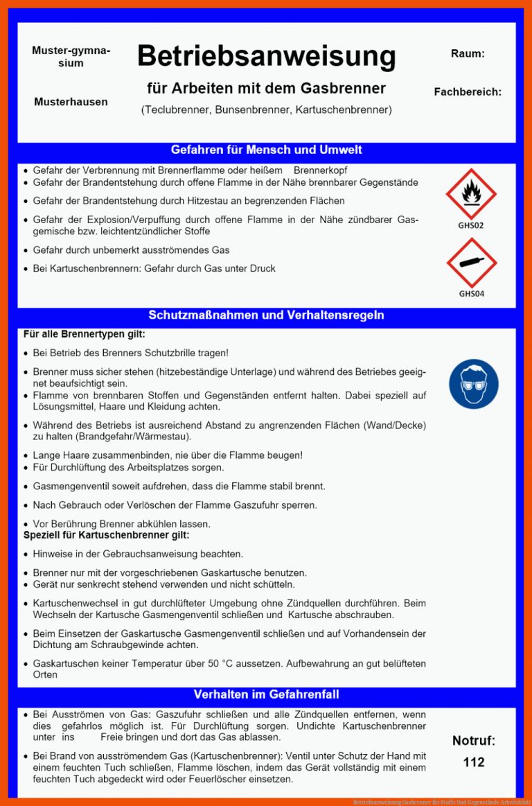 Betriebsanweisung Gasbrenner für stoffe und gegenstände arbeitsblatt