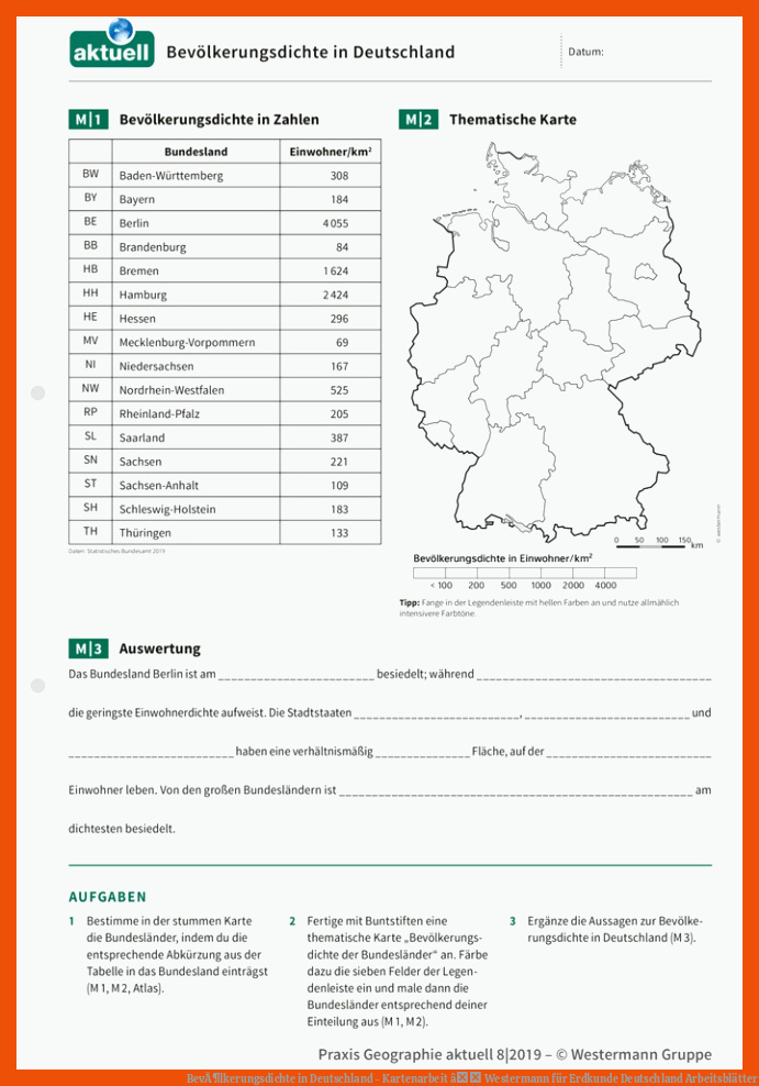 BevÃ¶lkerungsdichte in Deutschland - Kartenarbeit â Westermann für erdkunde deutschland arbeitsblätter