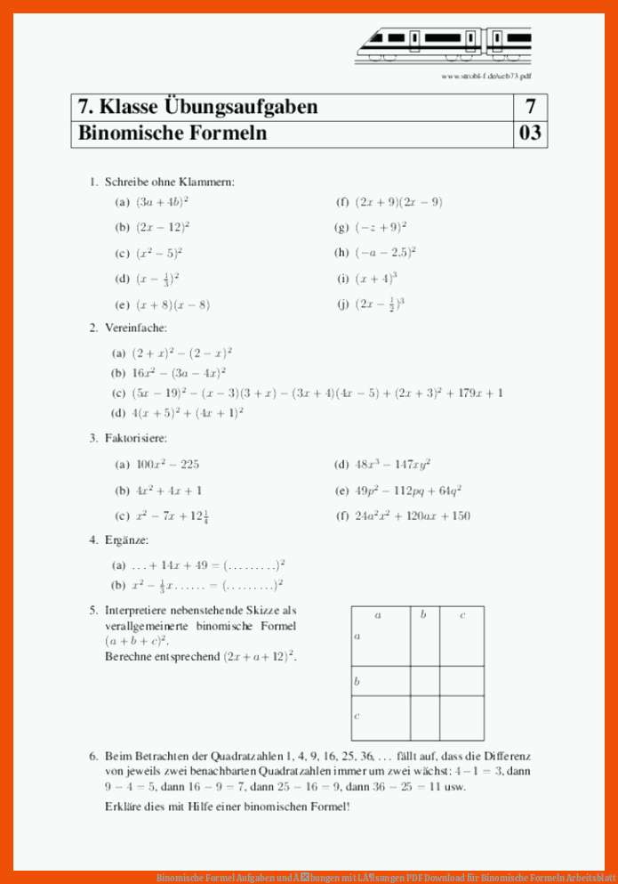 Binomische Formel Aufgaben und Ãbungen mit LÃ¶sungen | PDF Download für binomische formeln arbeitsblatt