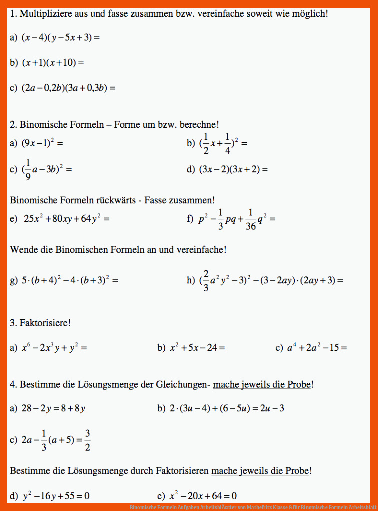 Binomische Formeln Aufgaben | ArbeitsblÃ¤tter von Mathefritz Klasse 8 für binomische formeln arbeitsblatt