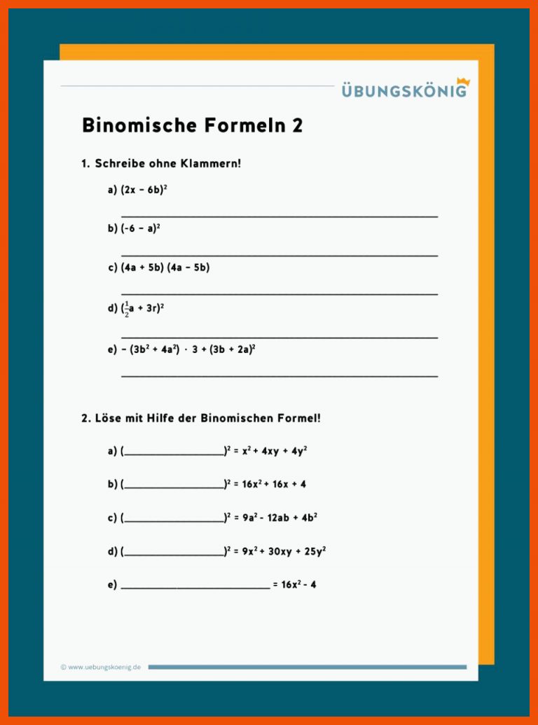 Binomische Formeln für binomische formeln arbeitsblatt