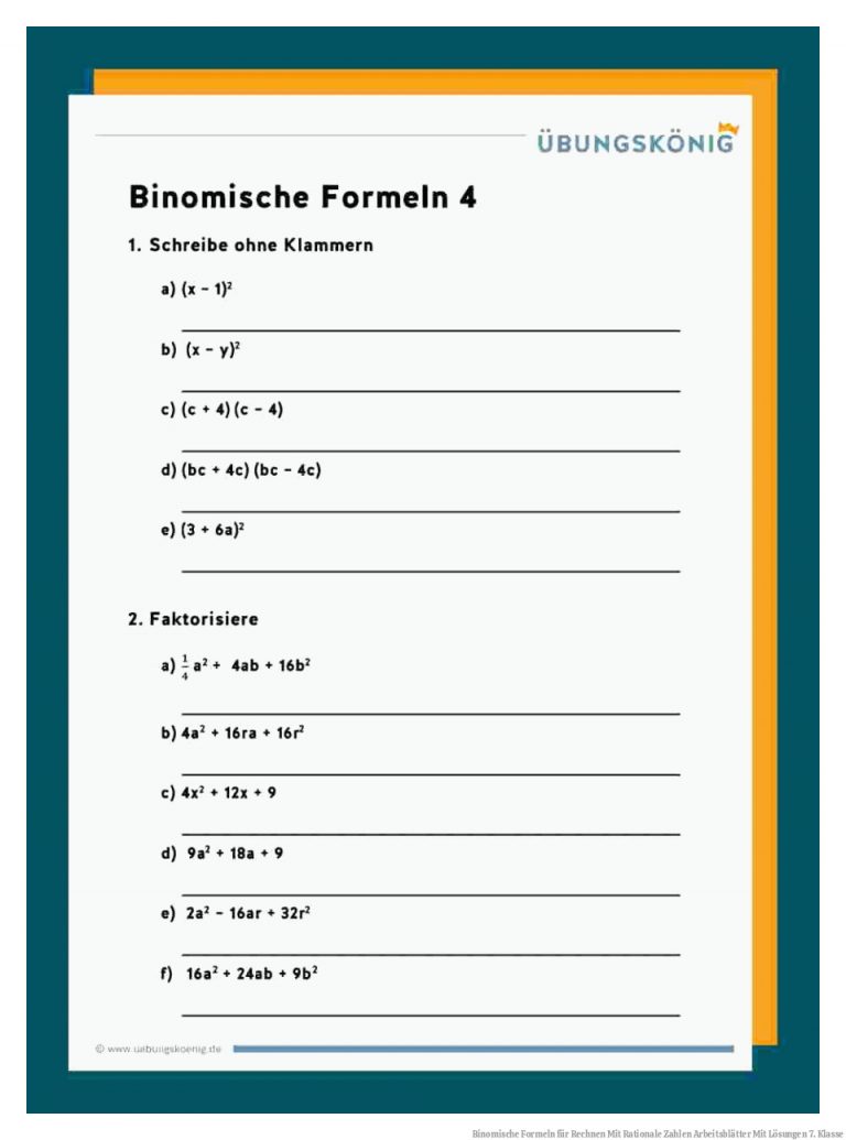 Binomische formeln Fuer Rechnen Mit Rationale Zahlen Arbeitsblätter Mit Lösungen 7. Klasse