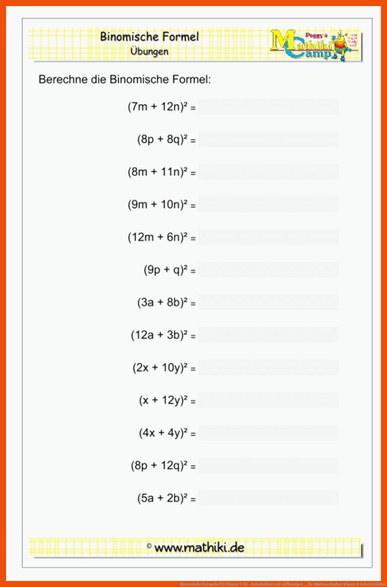 Binomische Formeln (I) (Klasse 7/8) - Arbeitsblatt mit LÃ¶sungen ... für matheaufgaben klasse 8 arbeitsblätter