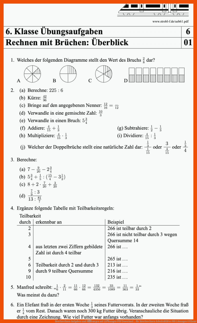Bruchrechnen Aufgaben und Ãbungen mit LÃ¶sungen | PDF Download ... für bruchrechnen arbeitsblätter mit lösungen 6 klasse