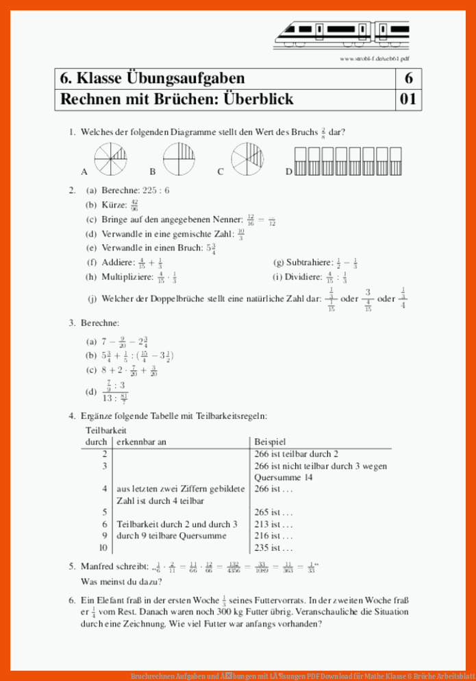Bruchrechnen Aufgaben und Ãbungen mit LÃ¶sungen | PDF Download für mathe klasse 6 brüche arbeitsblatt