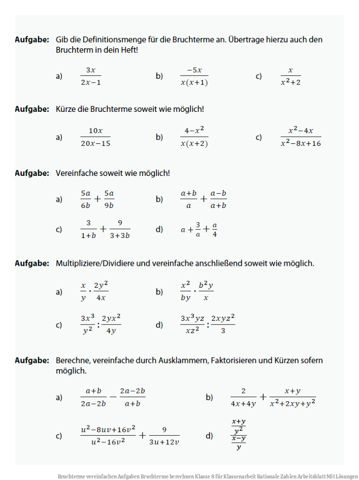 Bruchterme vereinfachen Aufgaben | Bruchterme berechnen Klasse 8 für Klassenarbeit Rationale Zahlen Arbeitsblatt Mit Lösungen