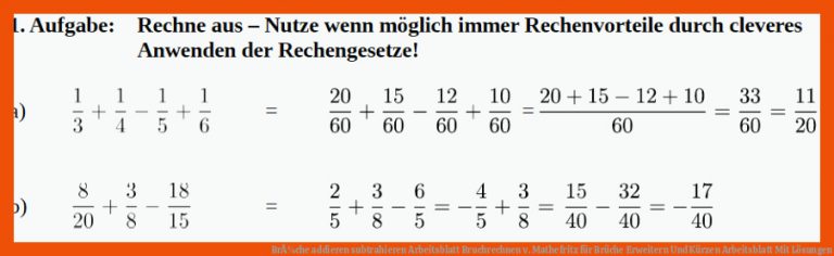 BrÃ¼che Addieren Subtrahieren Arbeitsblatt Bruchrechnen V. Mathefritz Fuer Brüche Erweitern Und Kürzen Arbeitsblatt Mit Lösungen