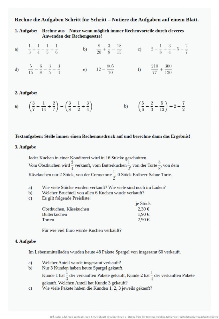 BrÃ¼che Addieren Subtrahieren Arbeitsblatt Bruchrechnen V. Mathefritz Fuer Dezimalzahlen Addieren Und Subtrahieren Arbeitsblätter