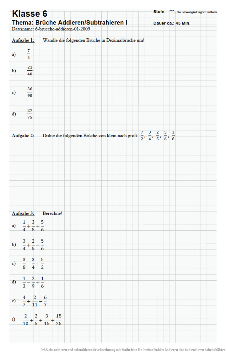 BrÃ¼che addieren und subtrahieren |Bruchrechnung mit Mathefritz für Dezimalzahlen Addieren Und Subtrahieren Arbeitsblätter