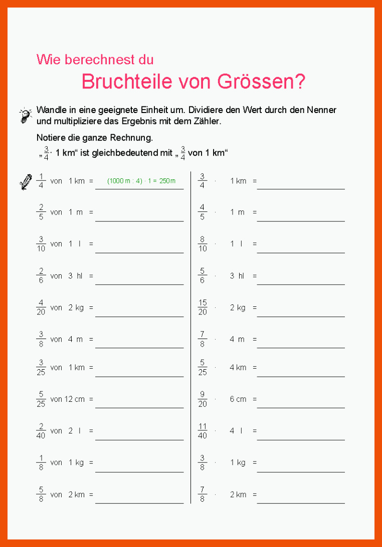 BrÃ¼che als Operatoren verwenden. Bruchteile von GrÃ¶ssen bestimmen für bruchteile von größen berechnen arbeitsblatt