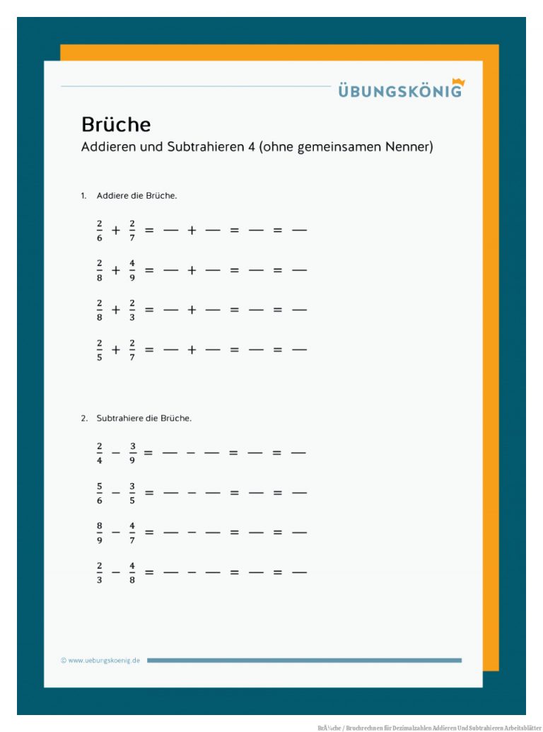 BrÃ¼che / Bruchrechnen für Dezimalzahlen Addieren Und Subtrahieren Arbeitsblätter