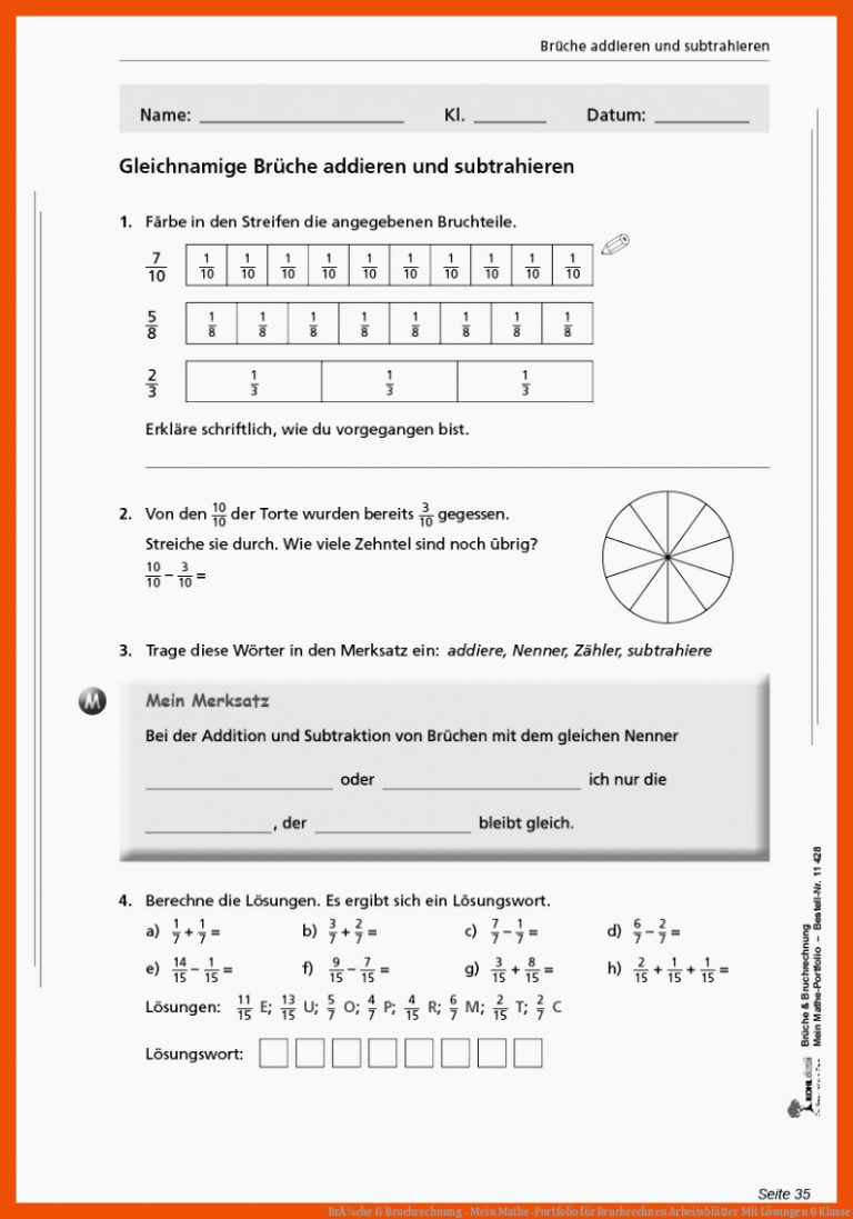 BrÃ¼che & Bruchrechnung - Mein Mathe-Portfolio für bruchrechnen arbeitsblätter mit lösungen 6 klasse
